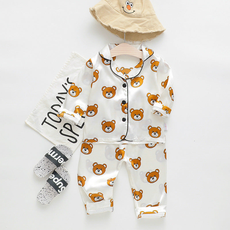 Long Sleeve Ice Silk Bear Pajama Set | Cool & Comfy Sleepwear for Boys & Girls