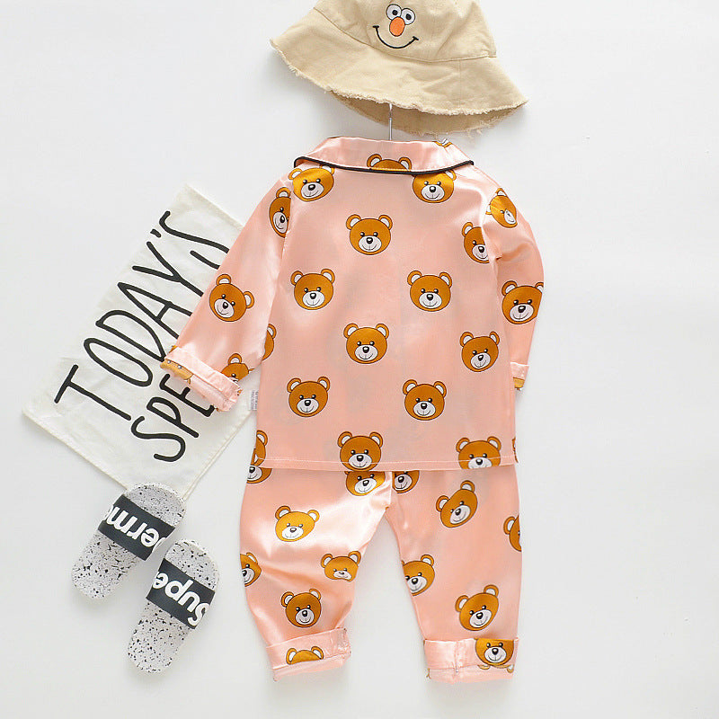 Long Sleeve Ice Silk Bear Pajama Set | Cool & Comfy Sleepwear for Boys & Girls