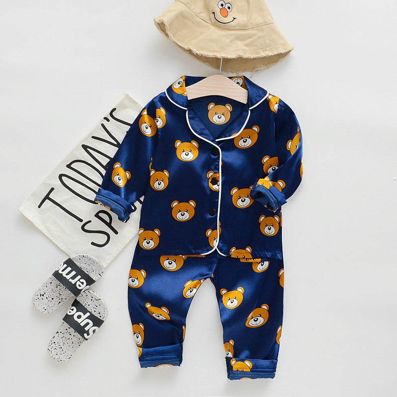 Long Sleeve Ice Silk Bear Pajama Set | Cool & Comfy Sleepwear for Boys & Girls
