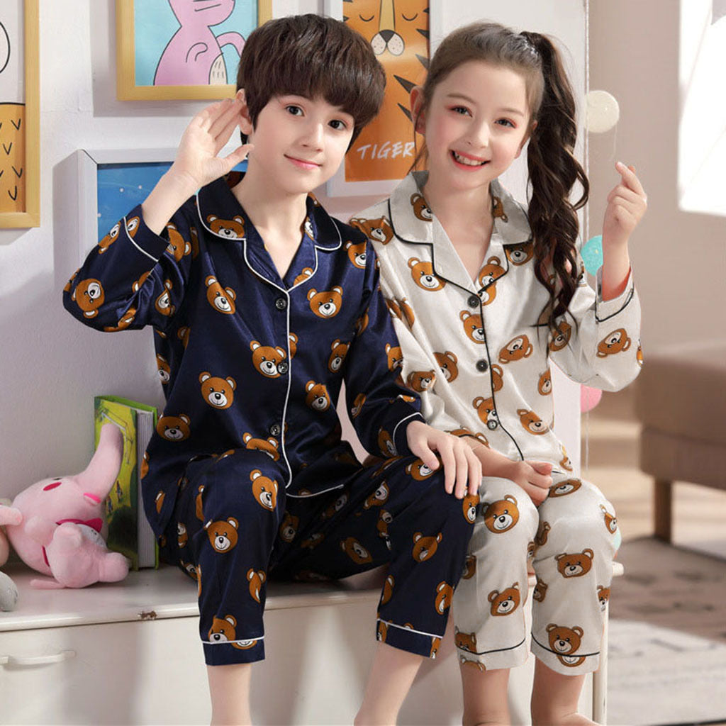 Long Sleeve Ice Silk Bear Pajama Set | Cool & Comfy Sleepwear for Boys & Girls