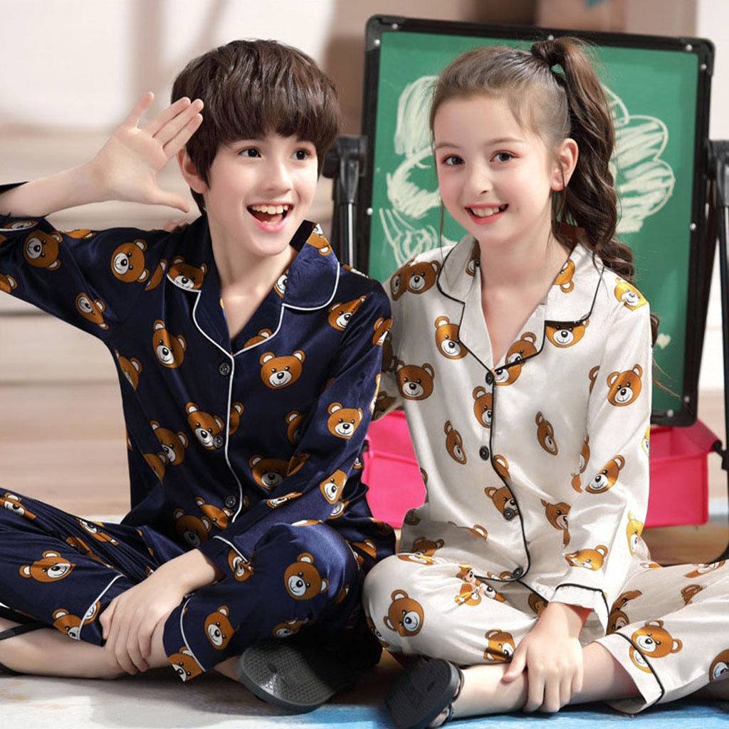 Long Sleeve Ice Silk Bear Pajama Set | Cool & Comfy Sleepwear for Boys & Girls