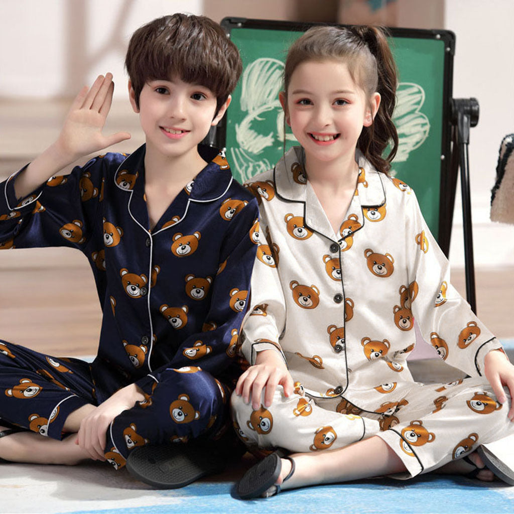 Long Sleeve Ice Silk Bear Pajama Set | Cool & Comfy Sleepwear for Boys & Girls