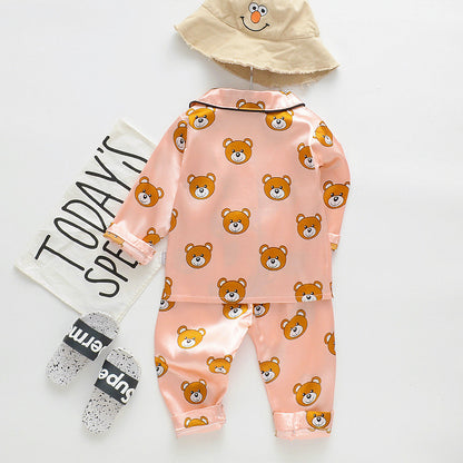 Long Sleeve Ice Silk Bear Pajama Set | Cool & Comfy Sleepwear for Boys & Girls