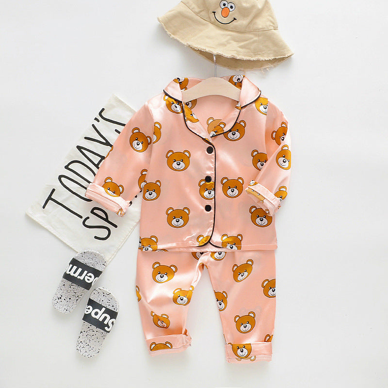 Long Sleeve Ice Silk Bear Pajama Set | Cool & Comfy Sleepwear for Boys & Girls